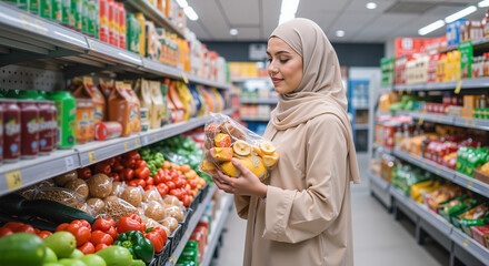 Young Muslim woman shopping for fresh produce in grocery store for Ramadan groceries  