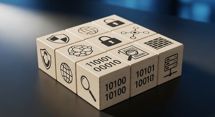 Wooden Blocks with Technology and Security Icons and Binary Code in Modern Office Setting