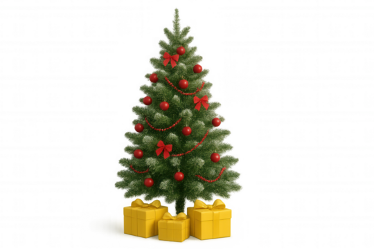 Christmas tree with red baubles and bows, standing on yellow present boxes, celebrating holiday season decor