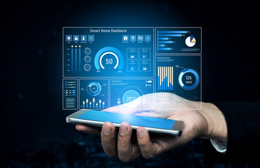 Smart home dashboard manages IoT system. Smart home dashboard controls temperature, dashboard...