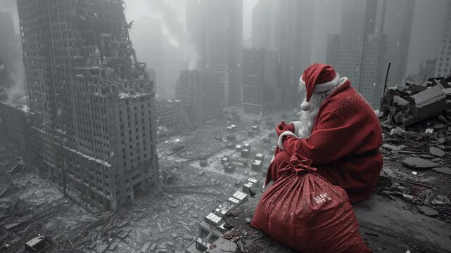 Santa Claus sits on a rooftop overlooking a desolate, ruined city, carrying his sack of gifts, a somber holiday scene amidst destruction