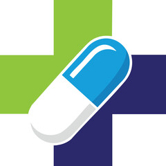 Vector art of blue and white capsule on a green and blue cross symbol
