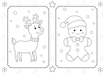 christmas A4 size colouring page, cute gingerbread man and reindeer, simple and easy design to print and colour. 