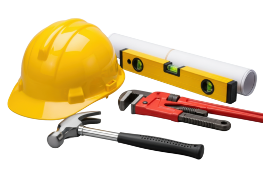 Bright yellow hard hat, silver claw hammer, red pipe wrench, yellow spirit level, white blueprint on transparent background with high-key studio lighting, concept of construction professionalism and