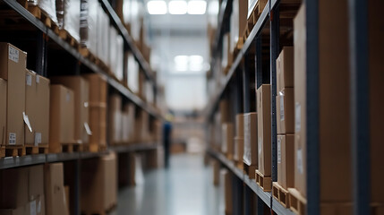 Fototapeta premium Warehouse shelves packed with cardboard boxes, ready for shipping and storage, blur background of worker walking, for distribution efficiency