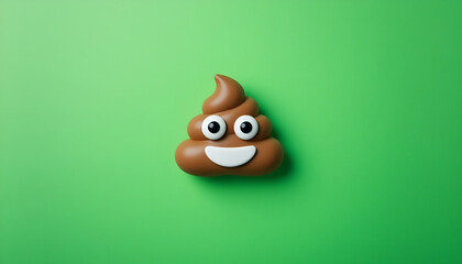 Smiling brown poop emoji icon on a bright green background with copy space