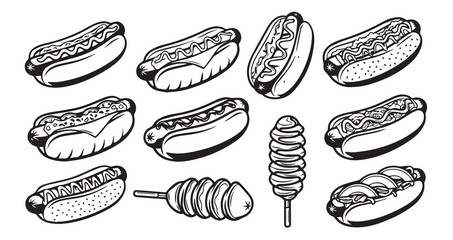 Hot Dog Line Art Hand Drawn Outline Design
