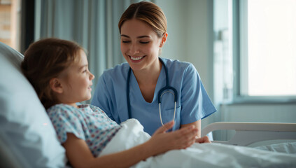 Fototapeta premium Dottoressa, medico visita un bambino ricoverato in una stanza in ospedale
