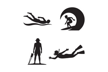Four silhouettes of water sports and activities