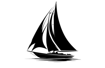 a black and white silhouette of a sailboat with tall sailsblack, boat, calm, float, illustration, profile, sail, sailboat, sea, vessel, water 