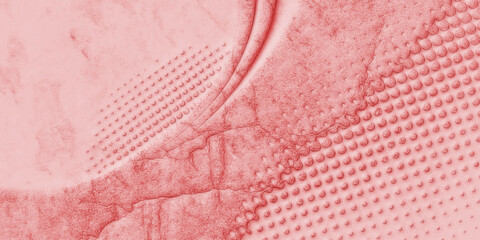 Textured Composition in Living Coral, Blending Rough Stone, Geometric Dots, and Smooth Architectural Curves to Create a Modern and Sensory Vibrant red abstract background .