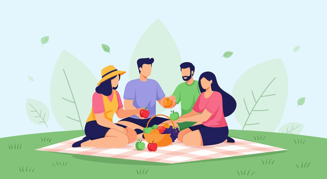 Group of friends enjoying a delightful picnic in the park on a sunny day illustration