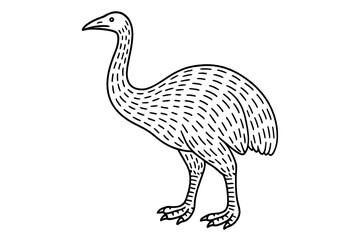 A large, unique bird stands tall with slender neck and distinct features, displayed in a minimalist black and white design