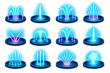 Collection of blue neon water fountains with different spray patterns