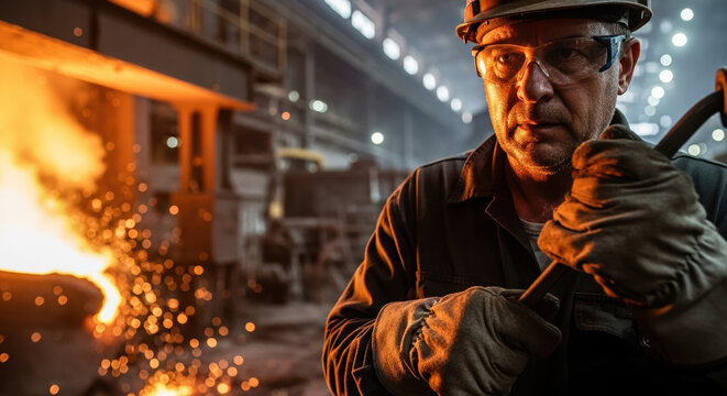 Welder at work in factory environment with protective gear and molten metal. Welder at work on industrial manufacturing line is focused and diligent, wearing protective eyewear.