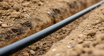 Underground pipeline installation shows a black pipe laid in trench, prepared for burying. Underground pipeline construction is essential for utility services.