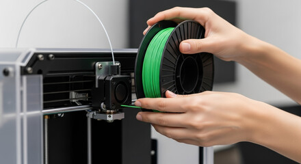 3D printer in operation creating object, a person holding spool of green filament. 3D printer utilizes material to fabricate model and create object using additive manufacturing technology.