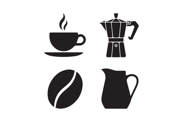 Simple black silhouettes of coffee elements