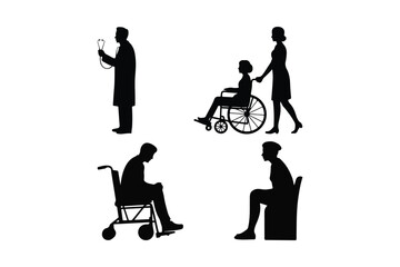 Silhouettes of medical professionals and patients in healthcare settings
