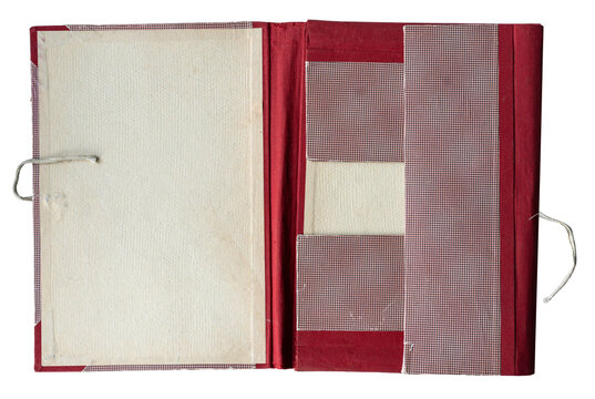 open red file folder with thread rope binding on white