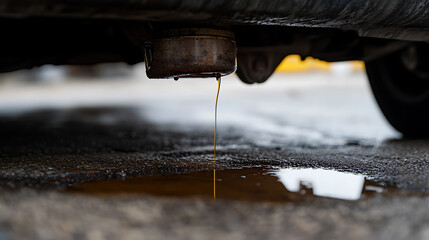 Vehicle leaking fluid. Environmental impact with vehicle leaking motor oil. The fluid drips onto the pavement forming a puddle below the vehicle.