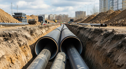 Underground pipe installation shows infrastructure project in progress. Underground pipe installation is complex, with parallel pipes laid in deep trench, requiring precision and careful execution.