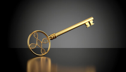 Symbolic Object: A Shiny Golden Key Featuring a Detailed DNA Double Helix for its Shaft
