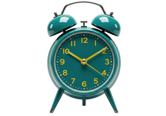 Teal alarm clock isolated on transparent background, retro style timepiece with yellow hands and numerals for timekeeping and decoration