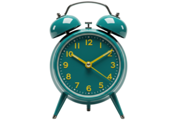 Teal alarm clock isolated on transparent background, retro style timepiece with yellow hands and numerals for timekeeping and decoration