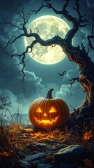 Spooky Halloween Pumpkin Moonlight Scene.