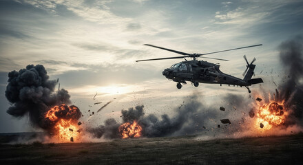 Helicopter in combat during a military operation, featuring explosions and dramatic sky. Military operation involves an attack helicopter, a powerful machine dominating sky with surrounding conflict.