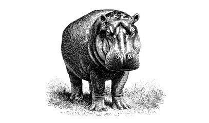 Fototapeta premium a vintage engraving of a hippopotamusanimal, drawing, grass, head, hippo, illustration, mouth, open, stand 