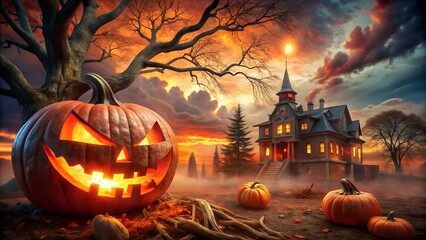 A spooky halloween scene with a haunted house and glowing pumpkins