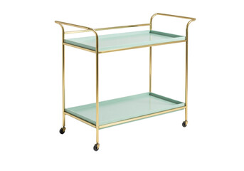 Mint green and gold bar cart isolated, two-tiered serving trolley on no background, modern furniture for home decor and entertaining © Eoin