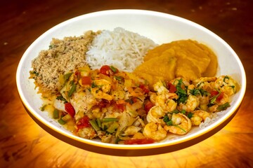 Brazilian moqueca capixaba is a typical dish from Espírito Santo, Brazil, with sea fish and shrimp, cooked in a clay pot and accompanied by white rice, pirão and farofa.