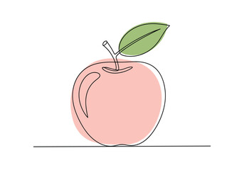 A simple line drawing of a pink apple with a green leaf and stem resting on a horizontal line.
