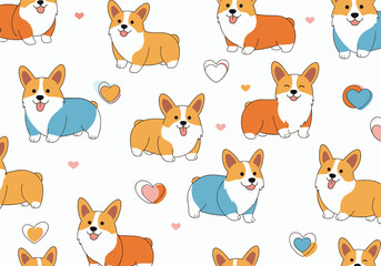 Fototapeta premium Cute corgi dog pattern with hearts and playful poses.
