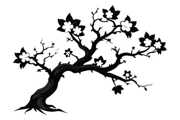 Black and White Silhouette of a Tree with Flowers and Sparse Branches Artwork