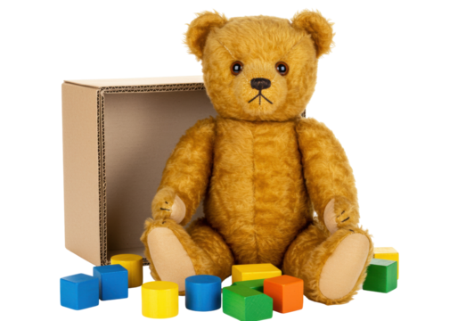 Vintage teddy bear with colorful wooden blocks and cardboard box isolated, childhood memories and classic toy concept