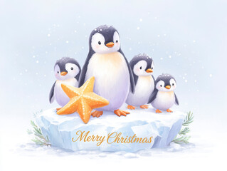 Fototapeta premium Merry Christmas Penguin Family On Ice With Starfish: Cute Winter Holiday Scene For Stock