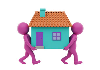 Two purple figures carrying a turquoise house with orange roof isolated on transparent background, moving home concept in PNG format