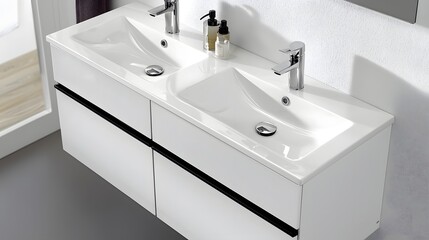 Elegant White Double Sink Bathroom Interior Close-Up View