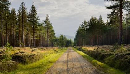 A Forest Country Road That Stretches Into The Distance Between Low Pine Trees And Thickets Of Grass