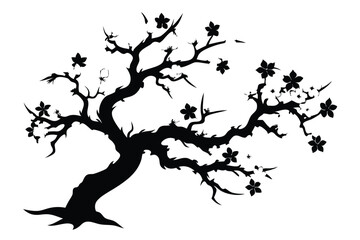 Detailed Silhouette of Flowering Tree Branches with Blossoms, Floral Design Element for Crafts