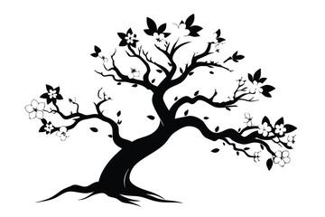 Black Silhouette of a Blossoming Tree with Twisting Branches and Fallen Leaves Design