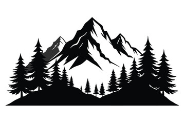 Black Silhouette of Mountain Peaks and Pine Trees Forest Vector Illustration Design