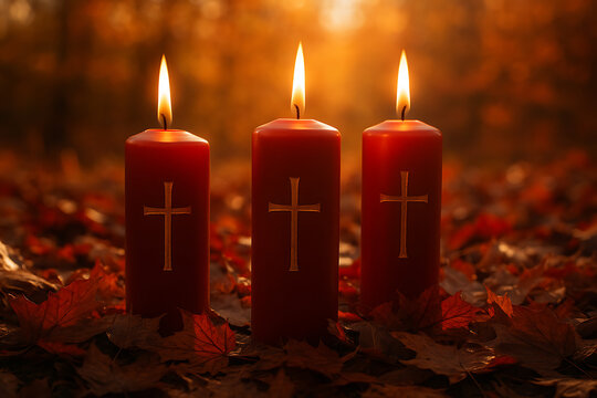 Three red pillar candles with gold crosses burning brightly outdoors on a bed of autumn leaves, illuminated by warm sunlight, all saints' day and all souls' day