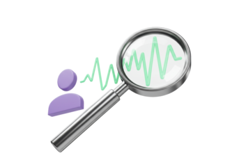 Purple person icon with green line graph and magnifying glass isolated PNG, data analysis and user research concept