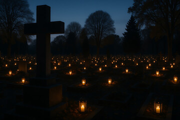 Silhouetted grave markers and a large Christian cross dominate a dark cemetery field illuminated by dozens of small, scattered lantern lights all saints' day and all souls' day