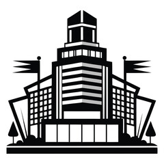 Obraz premium Black and White Building with Flags and Trees Icon Vector Illustration Design